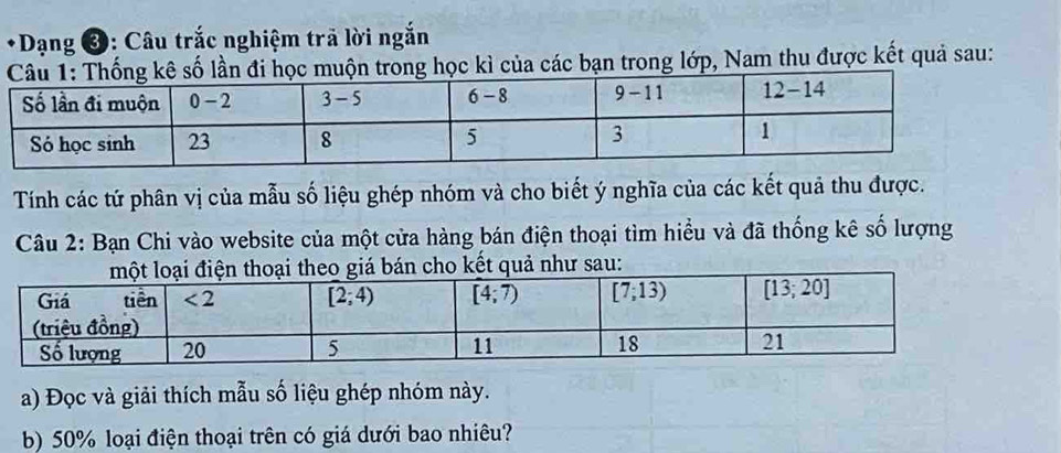 Dạng 3: Câu trắc nghiệm trã lời ngắn
học muộn trong học kì của các bạn trong lớp, Nam thu được kết quả sau:
Tính các tứ phân vị của mẫu số liệu ghép nhóm và cho biết ý nghĩa của các kết quả thu được.
Câu 2: Bạn Chi vào website của một cửa hàng bán điện thoại tìm hiểu và đã thống kê số lượng
một loại điện thoại theo giá bán cho kết quả như sau:
a) Đọc và giải thích mẫu số liệu ghép nhóm này.
b) 50% loại điện thoại trên có giá dưới bao nhiêu?