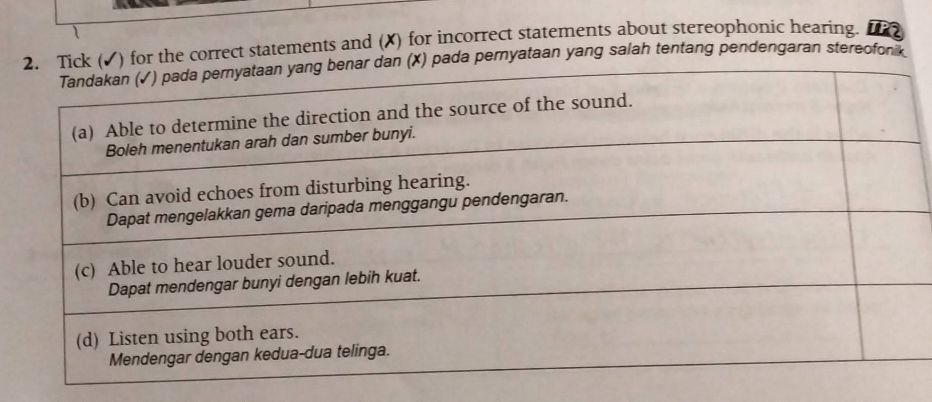 the correct statements and (X) for incorrect statements about stereophonic hearing. 
pernyataan yang salah tentang pendengaran stereofonik