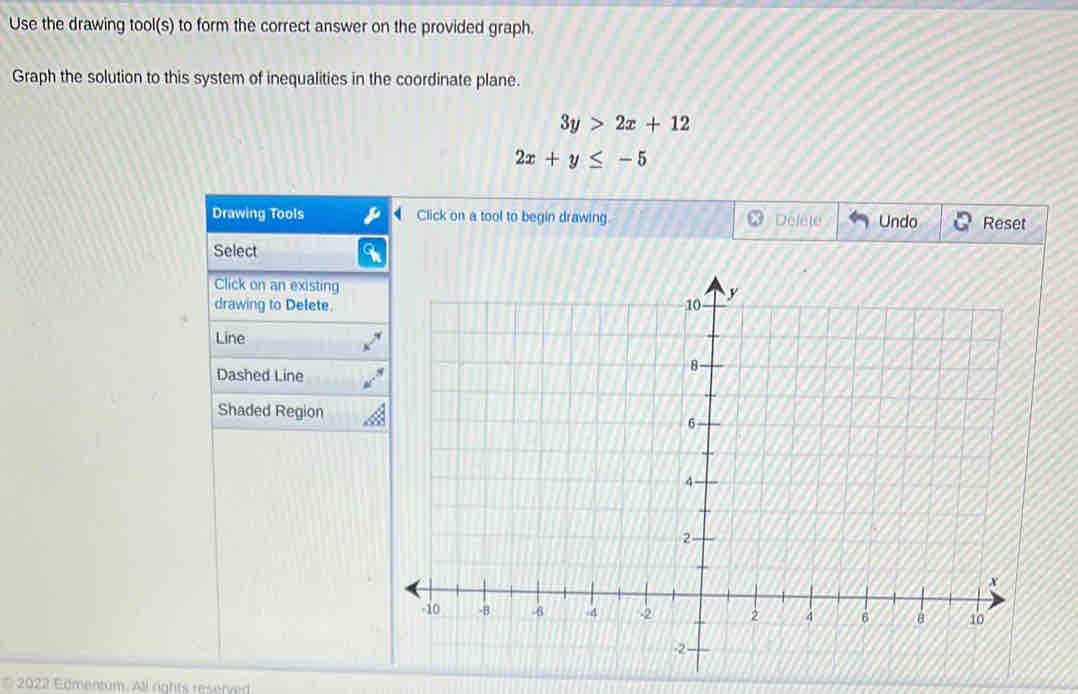 Use the drawing tool(s) to form the correct answer on the provided graph.
Graph the solution to this system of inequalities in the coordinate plane.
3y>2x+12
2x+y≤ -5
Drawing Tools Click on a tool to begin drawing Delete Undo Reset
Select
Click on an existing
drawing to Delete.
Line
Dashed Line
Shaded Region
* 2022 Edmentum. All rights reserved