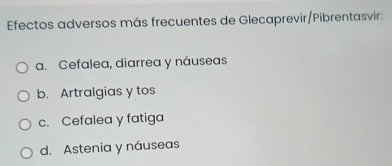 Efectos adversos más frecuentes de Glecaprevir/Pibrentasvir:
a. Cefalea, diarrea y náuseas
b. Artralgias y tos
c. Cefalea y fatiga
d. Astenia y náuseas