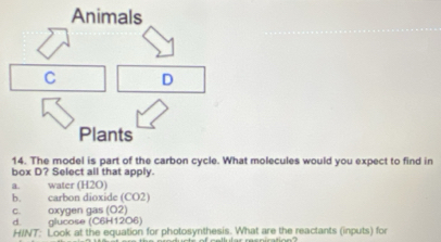 Animals
C D
Plants
14. The model is part of the carbon cycle. What molecules would you expect to find in
box D? Select all that apply.
a. water (H2O)
b. carbon dioxide (CO2)
c. oxygen gas (O2.
d glucose (C6H12O6)
HINT: Look at the equation for photosynthesis. What are the reactants (inputs) for