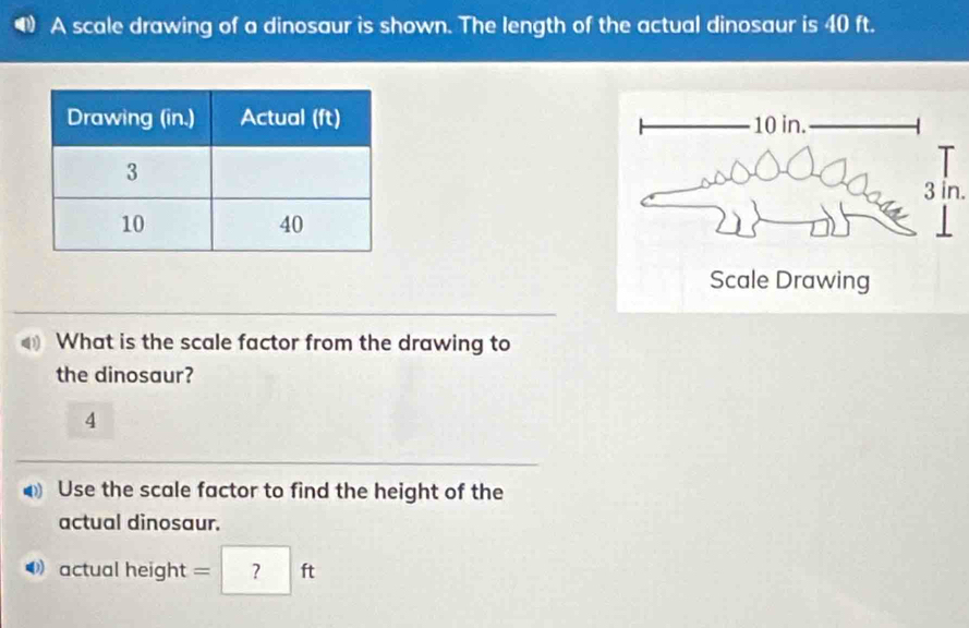 A scale drawing of a dinosaur is shown. The length of the actual dinosaur is 40 ft.
10 in.
3 in. 
Scale Drawing 
What is the scale factor from the drawing to 
the dinosaur? 
4 
Use the scale factor to find the height of the 
actual dinosaur. 
actual height =□ ft