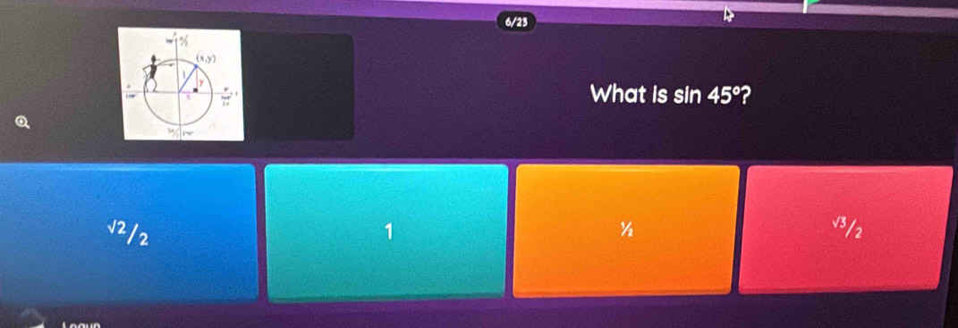 6/23
What is sin 45° ?
V2/2 1 ½ V3/2