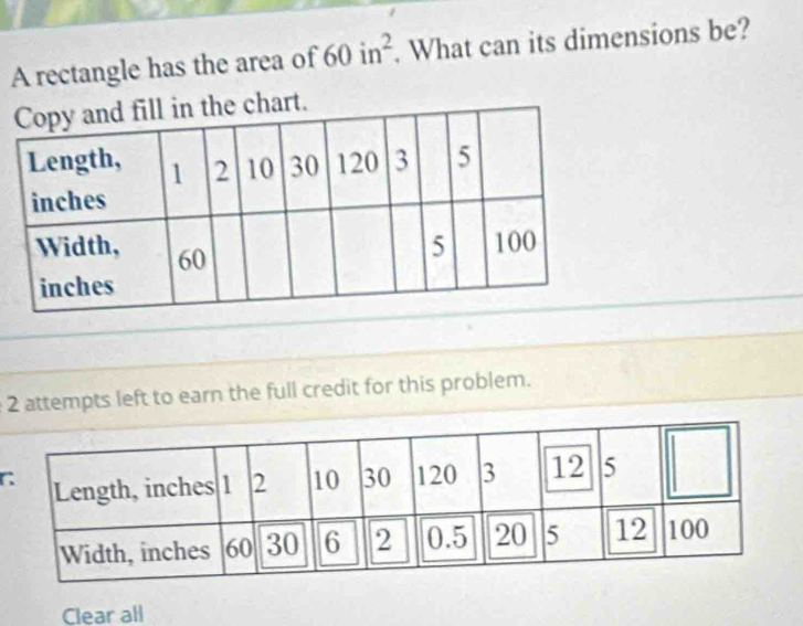 Solved: A rectangle has the area of 60in^2. What can its dimensions be ...