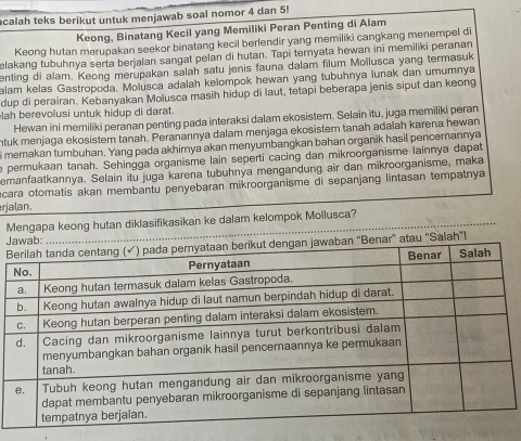 calah teks berikut untuk menjawab soal nomor 4 dan 5! 
Keong, Binatang Kecil yang Memiliki Peran Penting di Alam 
Keong hutan merupakan seekor binatang kecil berlendir yang memiliki cangkang menempel di 
elakang tubuhnya serta berjalan sangat pelan di hutan. Tapi ternyata hewan ini memiliki peranan 
enting di alam. Keong merupakan salah satu jenis fauna dalam filum Mollusca yang termasuk 
alam kelas Gastropoda. Molusca adalah kelompok hewan yang tubuhnya lunak dan umumnya 
dup di perairan. Kebanyakan Molusca masih hidup di laut, tetapi beberapa jenis siput dan keong 
lah berevolusi untuk hidup di darat. 
Hewan ini memiliki peranan penting pada interaksi dalam ekosistem. Selain itu, juga memiliki peran 
ntuk menjaga ekosistem tanah. Peranannya dalam menjaga ekosistem tanah adalah karena hewan 
i memakan tumbuhan. Yang pada akhimya akan menyumbangkan bahan organik hasil pencernannya 
e permukaan tanah. Sehingga organisme lain seperti cacing dan mikroorganisme lainnya dapat 
emanfaatkannya. Selain itu juga karena tubuhnya mengandung air dan mikroorganisme, maka 
ecara otomatis akan membantu penyebaran mikroorganisme di sepanjang lintasan tempatnya 
rjalan. 
Mengapa keong hutan diklasifikasikan ke dalam kelompok Mollusca? 
Jawab 
B jawaban 'Benar” atau "Salah"!