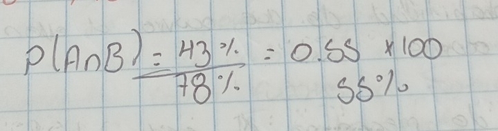 P(A∩ B)= 43% /78%  = (0.55* 100)/55%  