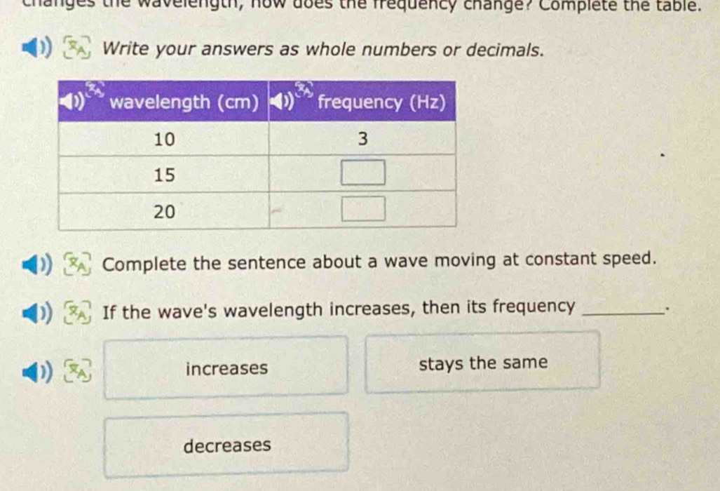 iges the wavelength, how does the frequency change? Complete the table.
D Write your answers as whole numbers or decimals.
)) Complete the sentence about a wave moving at constant speed.
D) If the wave's wavelength increases, then its frequency _.
D) increases stays the same
decreases