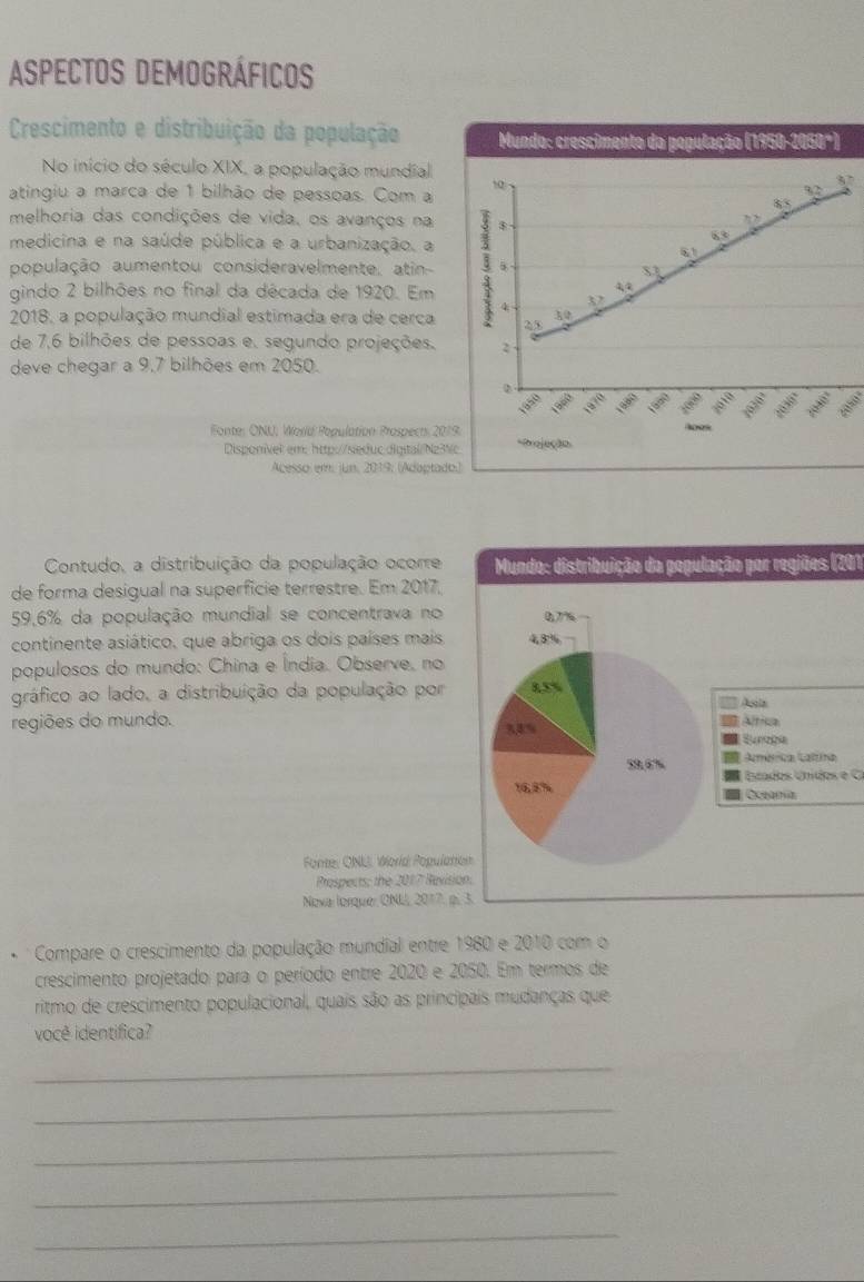 Aspectos Demográficos
Crescimento e distribuição da população
No início do século XIX, a população mundial
atingiu a marca de 1 bilhão de pessoas. Com a
melhoria das condições de vida, os avanços na
medicina e na saúde pública e a urbanização, a
população aumentou consideravelmente, atin-
gindo 2 bilhões no final da década de 1920. Em
2018, a população mundial estimada era de cerca
de 7,6 bilhões de pessoas e. segundo projeções.
deve chegar a 9,7 bilhões em 2050.
Fonte: ONU, World Ropulation Prospects 20
Disponível em: http://Neduc.digital/Nz3
Acesso em. jun. 2019: (Adaptad
Contudo, a distribuição da população ocorreMundo: distribuição da população por regiões (201
de forma desigual na superfície terrestre. Em 2017,
59,6% da população mundial se concentrava no
continente asiático, que abriga os dois países mais
populosos do mundo: China e Índia. Observe, no
gráfico ao lado, a distribuição da população por
regiões do mundo.
Etados Unídos e G 
Fonte: ONL World Populat
Prospects: the 2017 Revisi
Nova lorque, GNL, 2017. p
Compare o crescimento da população mundial entre 1980 e 2010 com o
crescimento projetado para o período entre 2020 e 2050. Em termos de
ritmo de crescimento populacional, quais são as principais mudanças que
você identifica?
_
_
_
_
_