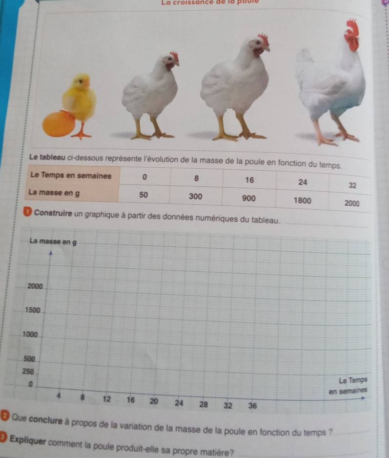 La croissance de la poule 
Le tableau ci-dessous représente l'évolution de la ma 
données numériques du tableau. 
# Que conclure à propos de la variation de la masse de la poule en fonction du temps ?_ 
Expliquer comment la poule produit-elle sa propre matière?_