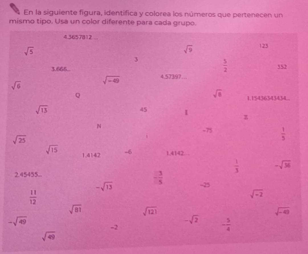 En la siguiente figura, identifica y colorea los números que pertenecen un
mismo tipo. Usa un color diferente para