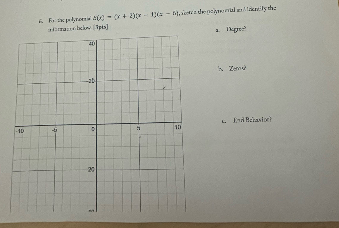 For the polynomial E(x)=(x+2)(x-1)(x-6) , sketch the polynomial and identify the 
information below. [3pts] 
a. Degree? 
b. Zeros? 
c. End Behavior?