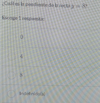 ¿Cuál es la pendiente de la recta y=8
Escoge 1 respuesta:
0
4
8
Indefnido(a)