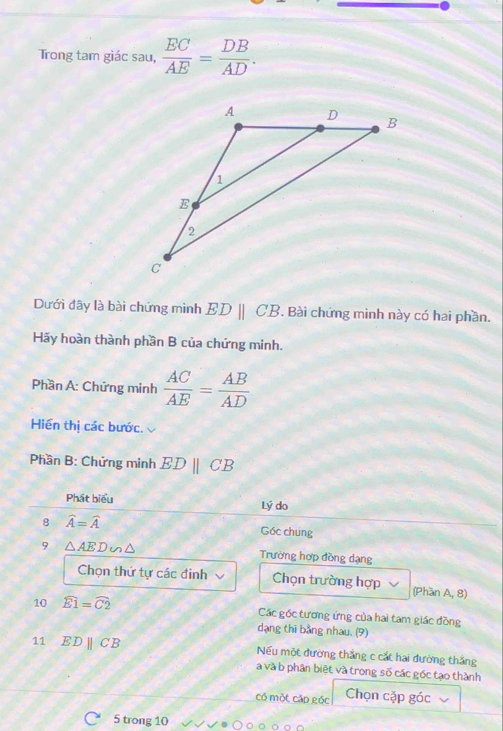 Trong tam giác sau,  EC/AE = DB/AD . 
Dưới đây là bài chứng mình EDparallel CB. Bài chứng minh này có hai phần. 
Hãy hoàn thành phần B của chứng minh. 
Phần A: Chứng minh  AC/AE = AB/AD 
Hiến thị các bước. 
Phần B: Chứng minh EDparallel CB
Phát biểu Lý do 
8 widehat A=widehat A
Góc chung 
9 △ AED Trường hợp đồng dạng 
Chọn thứ tự các đinh Chọn trường hợp (Phần A, 8) 
10 widehat E1=widehat C2 Các gốc tương ứng của hai tam giác đồng 
dạng thi bằng nhau. (9) 
11 EDparallel CB Nếu một đường thắng c cắt hai đường thắng 
a và b phân biệt và trong số các gốc tạo thành 
có một cǎp gốc Chọn cặp góc 
5 trong 10