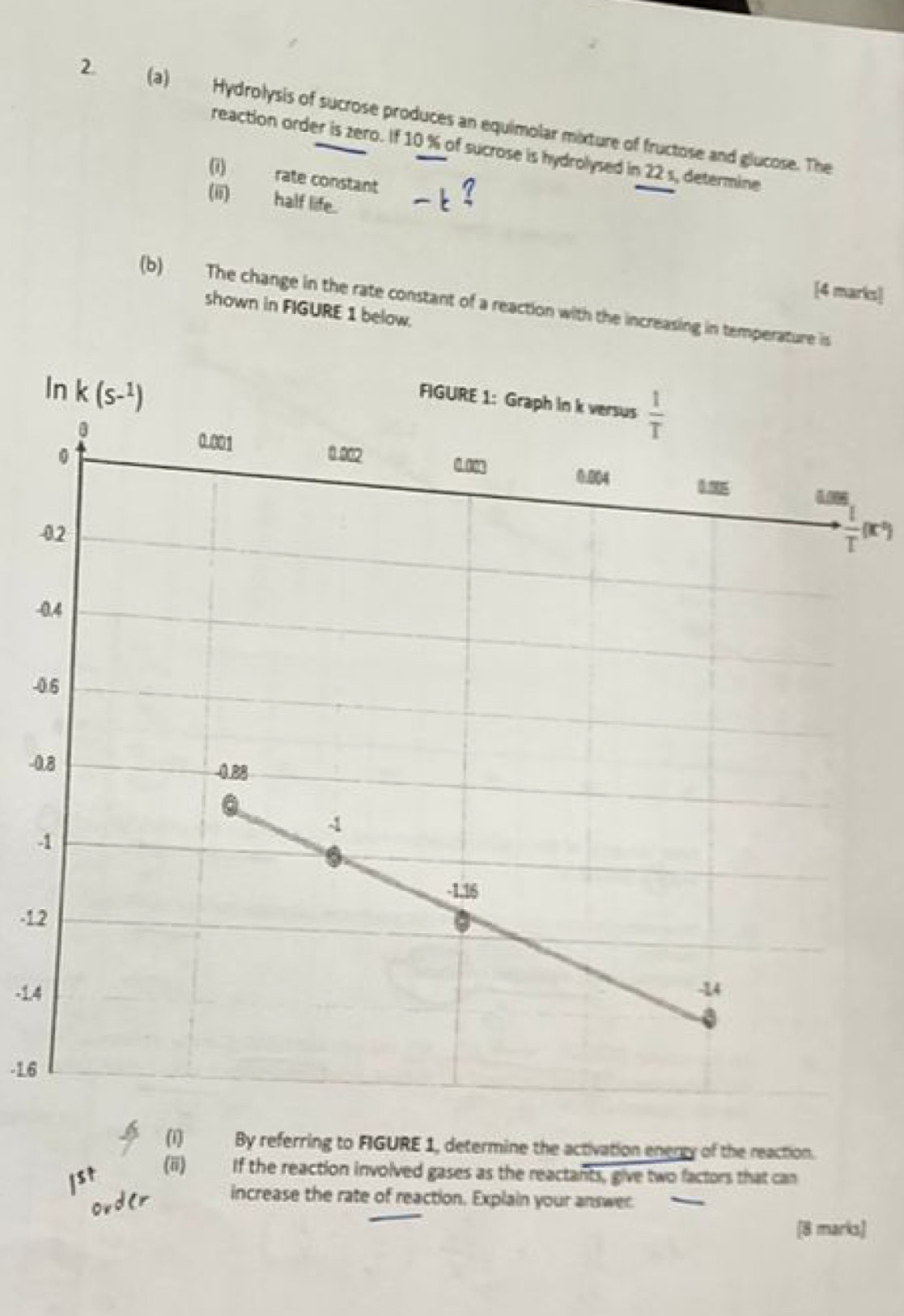 2 (a) Hydrolysis of sucrose produces an equimolar mixture of fructose and glucose. The
reaction order is zero. If 10 % of sucrose is hydrolysed in 22 s, determine
(i) rate constant
(ii) half life.
[4 marks]
(b) The change in the rate constant of a reaction with the increasing in temperature is
shown in FIGURE 1 below.
-
 1/T (x^-)
-
-0
-0
-
-1
-1.4
-16
(1) By referring to FIGURE 1, determine the activation energy of the reaction.
(ii) If the reaction involved gases as the reactants, give two factors that can
increase the rate of reaction. Explain your answer.
[8 marks]