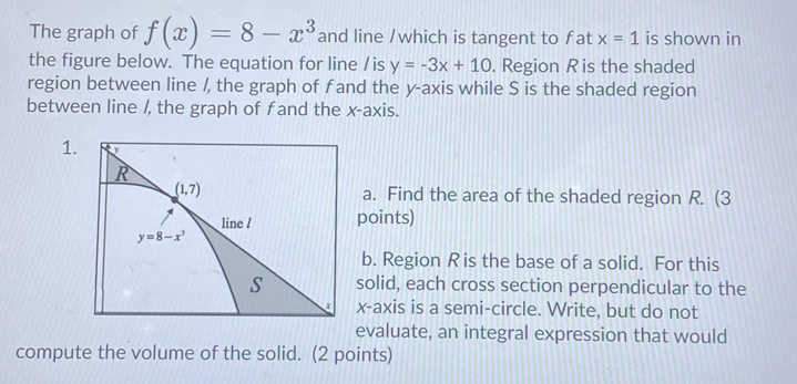 Solved: The graph of f(x)=8-x^3 and line /which is tangent to fat x=1 ...