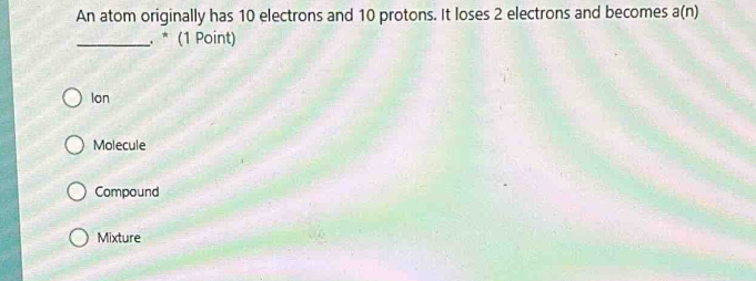 Solved: An atom originally has 10 electrons and 10 protons. It loses 2 ...