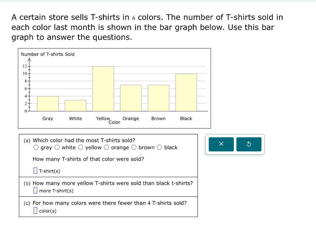 A certain store sells T-shirts in 6colors. The number of T-shirts sold in
each color last month is shown in the bar graph below. Use this bar
graph to answer the questions.
(a) Which color had the most T-shirts sold?
gray ○ white ○ yellow ○ orange ○ brown black
×
How many T-shirts of that color were sold?
T-shirt(s)
(b) How many more yellow T-shirts were sold than black t-shirts?
more T-shirt(s)
(c) For how many colors were there fewer than 4 T-shirts sold?
color(s)