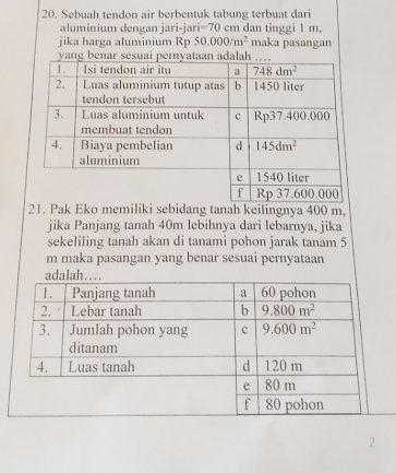 Sebuah tendon air berbentuk tabung terbuat dari
aluminium dengan jari-jari =70 cm dan tinggi 1 m,
jika harga aluminium Rp 50.000/m^2 maka pasangan
21. Pak Eko memiliki sebidang tanah keilingnya 400 m,
jika Panjang tanah 40m lebihnya dari lebarnya, jika
sekeliling tanah akan di tanami pohon jarak tanam 5
m maka pasangan yang benar sesuai pernyataan
L