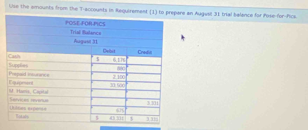 Use the amounts from the T -accounts in Requirement (1) to e an August 31 trial balance for Pose-for-Pics.