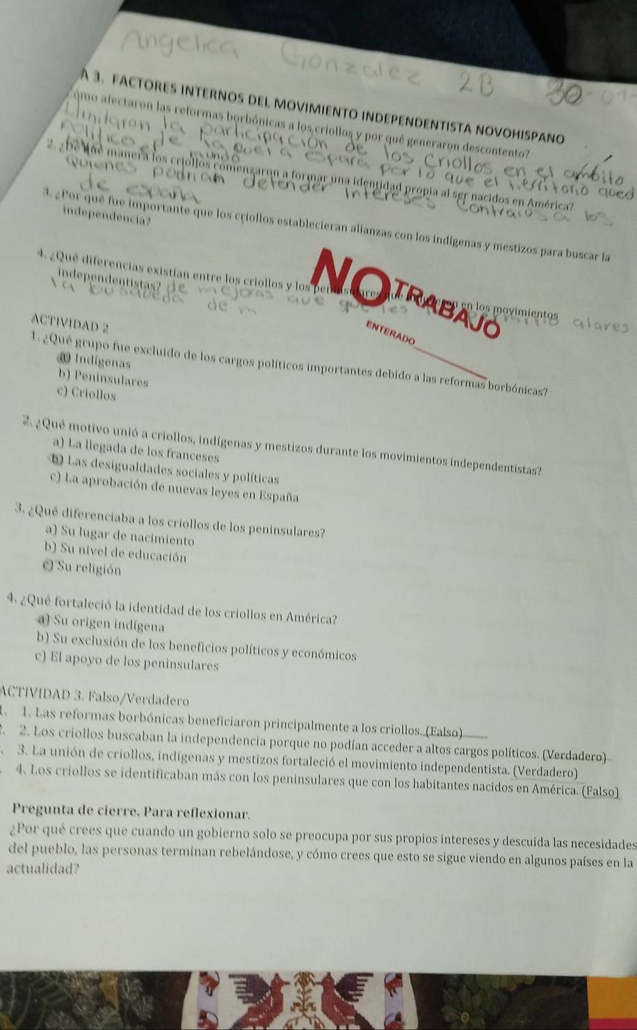 A 3、factores internos del movimiento independentista novohispano
quo afectaron las reformas borbónicas a los criollos y por qué generaron descontento
Quiene
2. ¿ é  é Moe manera los criollos comenzaron a formar una identidad propia al ser nacidos en América ?
independencia?
3. ¿Por qué fue importante que los criollos establecieran alianzas con los indígenas y mestizos para buscar la
nende  it   
4. ¿Qué diferencias existían entre los criollos y le Norab     e
ACTIVIDAD 2
ENTERADO
4 Indígenas
l ¿  Qué grupo fue excluido de los cargos políticos importantes debido a las reformas borbónicas
b) Peninsulares
c) Criollos
2 ¿Qué motivo unió a criollos, indígenas y mestizos durante los movimientos independentistas?
a) La llegada de los franceses
Las desigualdades sociales y políticas
c) La aprobación de nuevas leyes en España
3. ¿Qué diferenciaba a los criollos de los peninsulares?
a) Su lugar de nacimiento
b) Su nivel de educación
C) Su religión
4 ¿Qué fortaleció la identidad de los criollos en América?
a) Su origen indígena
b) Su exclusión de los beneficios políticos y económicos
c) El apoyo de los peninsulares
ACTIVIDAD 3. Falso/Verdadero
1. 1. Las reformas borbónicas beneficiaron principalmente a los criollos. (Falso)
2. 2. Los criollos buscaban la independencia porque no podían acceder a altos cargos políticos. (Verdadero)
3. La unión de criollos, indígenas y mestizos fortaleció el movimiento independentista. (Verdadero)
4. Los criollos se identificaban más con los peninsulares que con los habitantes nacidos en América. (Falso)
Pregunta de cierre. Para reflexionar.
¿Por qué crees que cuando un gobierno solo se preocupa por sus propios intereses y descuida las necesidades
del pueblo, las personas terminan rebelándose, y cómo crees que esto se sigue viendo en algunos países en la
actualidad?