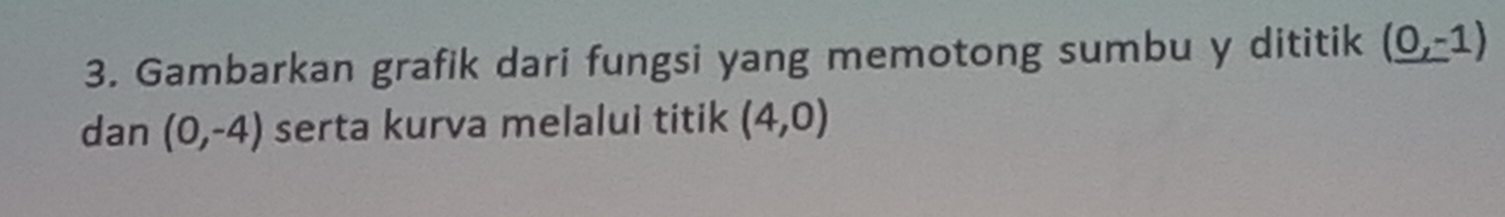 Gambarkan grafik dari fungsi yang memotong sumbu y dititik (0,-1)
dan (0,-4) serta kurva melalui titik (4,0)