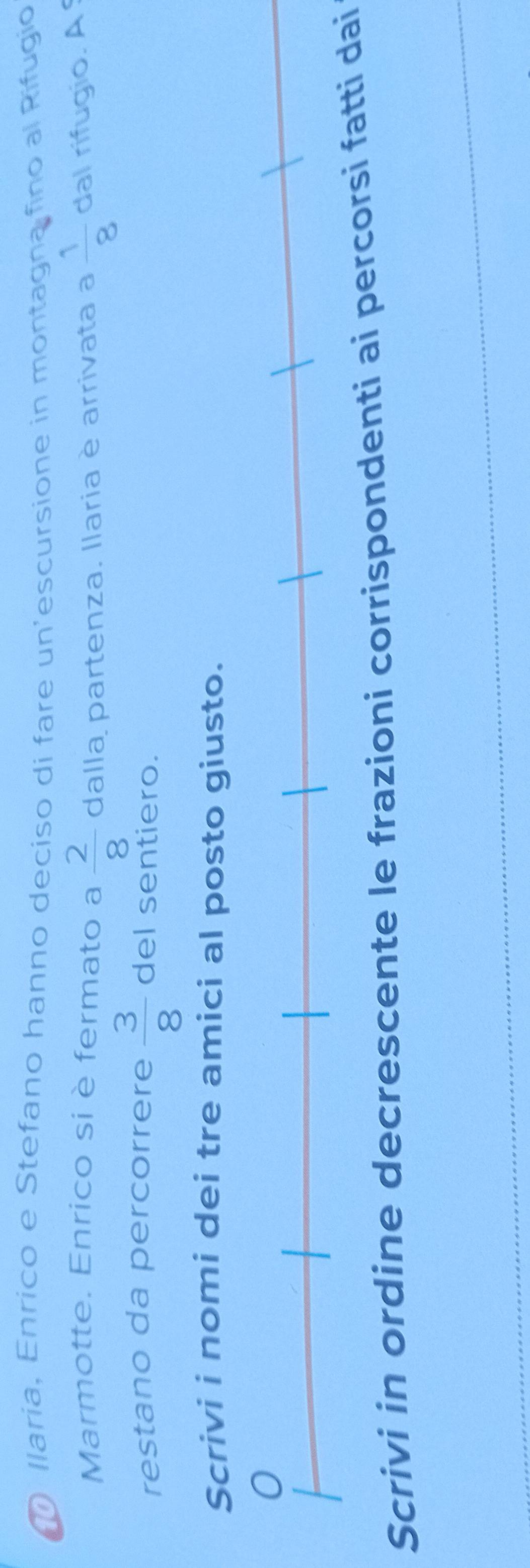 Ilaria, Enrico e Stefano hanno deciso di fare un'escursione in montagna fino al Rifugio 
Marmotte. Enrico si è fermato a  2/8  dalla partenza. llaria è arrivata a  1/8  dal rifugio. A 
restano da percorrere  3/8  del sentiero. 
Scrivi i nomi dei tre amici al posto giusto. 
Scrivi in ordine decrescente le frazioni corrispondenti ai percorsi fatti dai