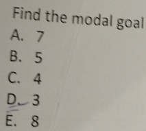 Find the modal goal
A. 7
B. 5
C. 4
D、 3
E. 8