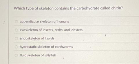 Which type of skeleton contains the carbohydrate called chitin?
appendicular skeleton of humans
exoskeleton of insects, crabs, and lobsters
endoskeleton of lizards
hydrostatic skeleton of earthworms
fluid skeleton of jellyfısh