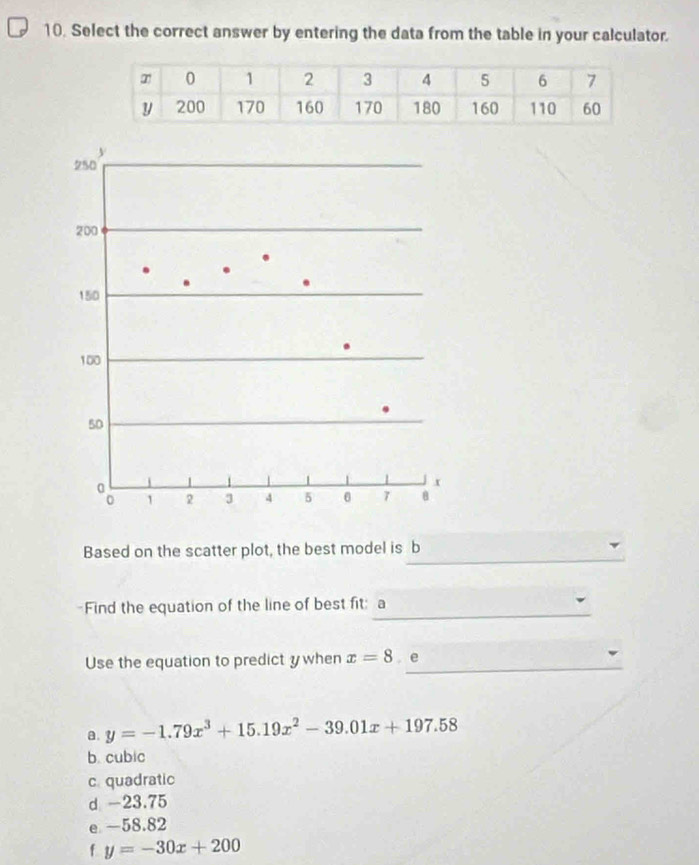 Select the correct answer by entering the data from the table in your calculator.
_
Based on the scatter plot, the best model is b
_
Find the equation of the line of best fit:a
Use the equation to predict y when x=8 。 e_
a. y=-1.79x^3+15.19x^2-39.01x+197.58
b. cubic
c quadratic
d -23.75
e -58.82
f y=-30x+200