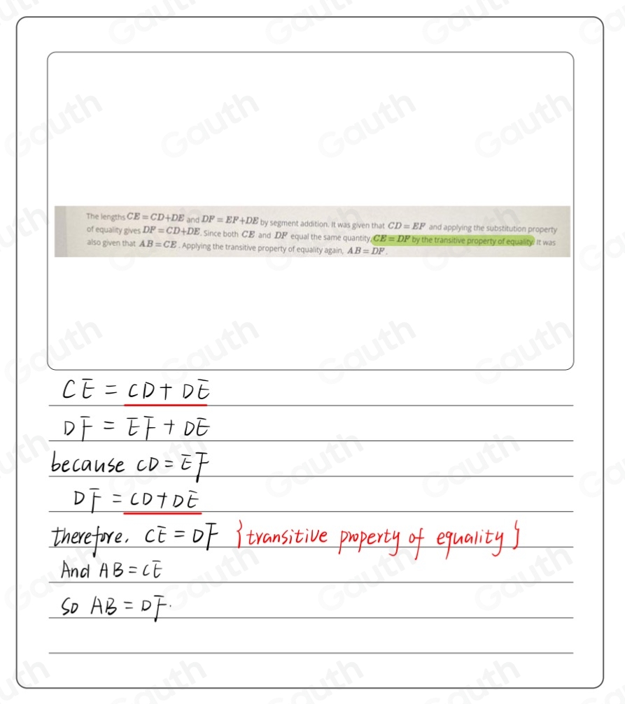 Solved: Given: CD=EFAB=CE Prove: AB=DF The lengths CE=CD+DE and DF=EF ...