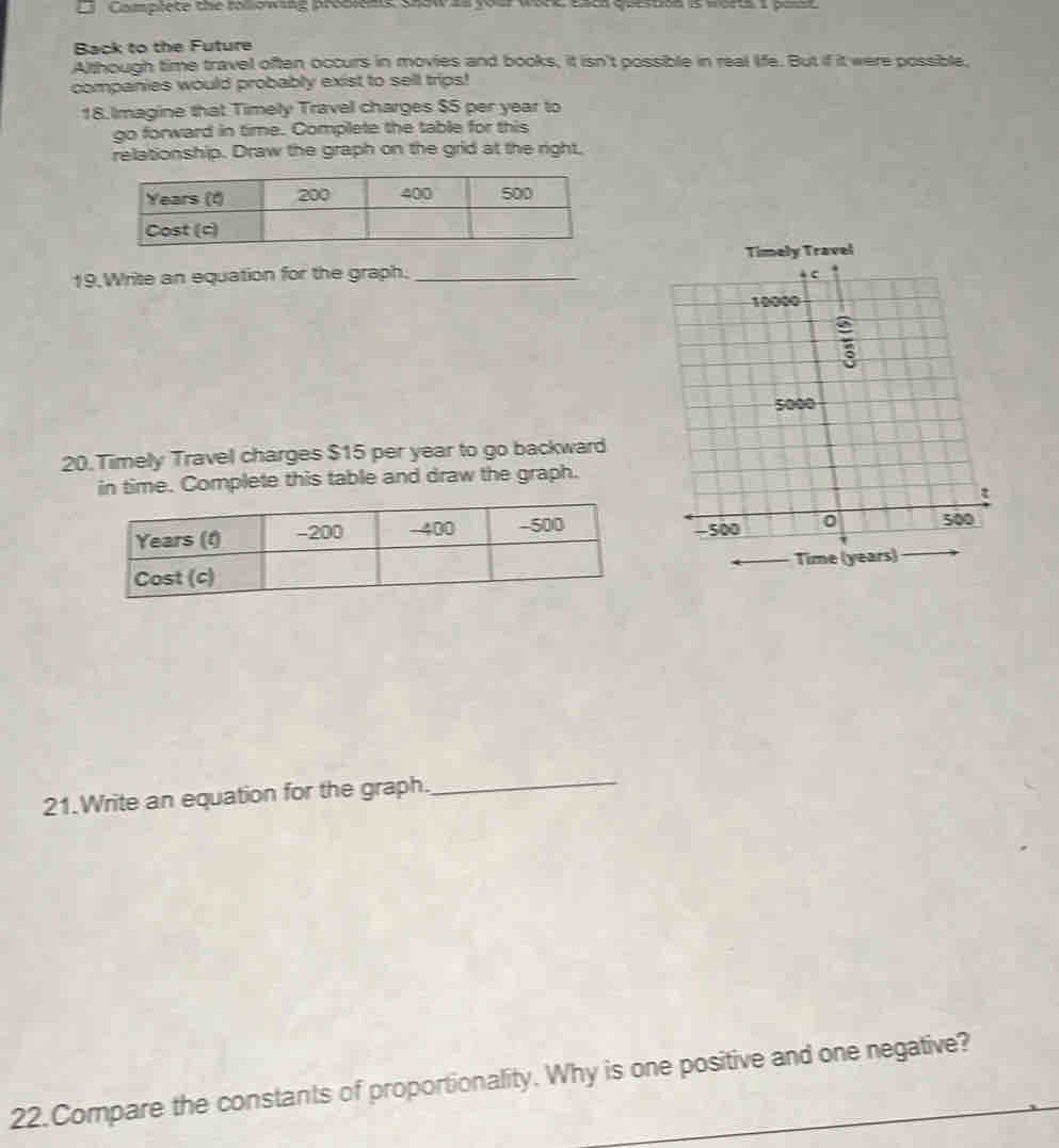 Complete the rollowing probions shaw as your whre earh question is worts I paise 
Back to the Future 
Although time travel often occurs in movies and books, it isn't possible in real life. But if it were possible, 
companies would probably exist to sell trips! 
18. Imagine that Timely Travel charges $5 per year to 
go forward in time. Complete the table for this 
relationship. Draw the graph on the grid at the right, 
19. Write an equation for the graph. _ 
20.Timely Travel charges $15 per year to go backward 
in time. Complete this table and draw the graph. 
21.Write an equation for the graph._ 
22.Compare the constants of proportionality. Why is one positive and one negative?