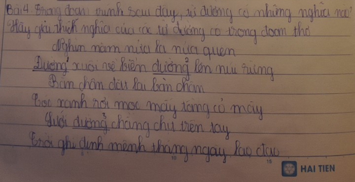 Bai4 Ehong doan tunh sou day, ii duing co mhing nghuu na? 
Wlay giu thich ighic cuc (an uu) dhiòing to throng doom the 
dphin mam mic ka min quen 
dueing xusi noe Biem duiòng Ren muu quing 
Wcm cham dou Rou Rooin cham 
Bsc ramh not moc may tong co may 
Hudh duing chang chu then day 
Endi ghi dunk monh thang maay Pao claw