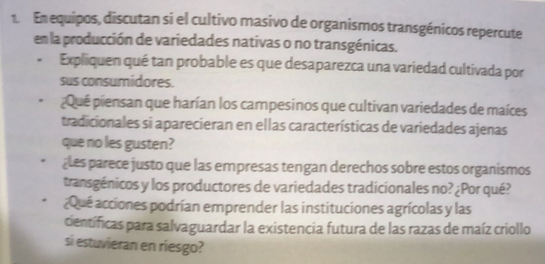 En equipos, discutan si el cultivo masivo de organismos transgénicos repercute 
en la producción de variedades nativas o no transgénicas. 
. Expliquen qué tan probable es que desaparezca una variedad cultivada por 
sus consumidores. 
¿Qué piensan que harían los campesinos que cultivan variedades de maíces 
tradicionales si aparecieran en ellas características de variedades ajenas 
que no les gusten? 
¿Les parece justo que las empresas tengan derechos sobre estos organismos 
transgénicos y los productores de variedades tradicionales no? ¿Por qué? 
¿Qué acciones podrían emprender las instituciones agrícolas y las 
científicas para salvaguardar la existencia futura de las razas de maíz criollo 
si estuvieran en riesgo?