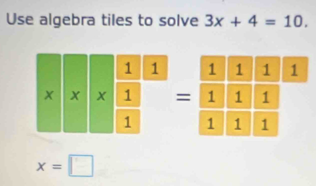 Use algebra tiles to solve 3x+4=10.
x=□