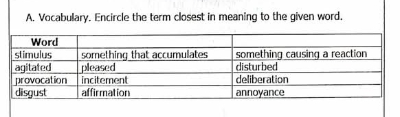 Vocabulary. Encircle the term closest in meaning to the given word.