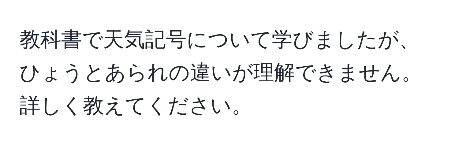 教科書で天気記号について学びましたが、ひょうとあられの違いが理解できません。詳しく教えてください。