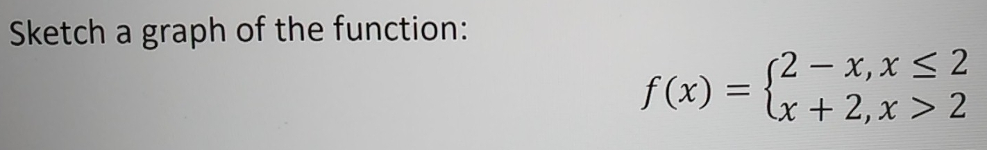 Sketch a graph of the function:
f(x)=beginarrayl 2-x,x≤ 2 x+2,x>2endarray.