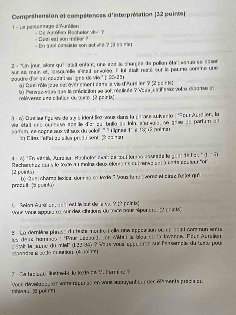 Compréhension et compétences d'interprétation (32 points)
1 - Le personnage d'Aurélien :
- Où Aurélien Rochefer vit-il ?
Quel est son métier ?
En quoi consiste son activité ? (3 points)
2 - "Un jour, alors qu'il était enfant, une abeille chargée de pollen était venue se poser
sur sa main et, lorsqu'elle s'était envolée, il lui était resté sur la paume comme une
poudre d'or qui coupait sa ligne de vie." (I.23-25)
a) Quel rôle joue cet événement dans la vie d'Aurélien ? (2 points)
b) Pensez-vous que la prédiction se soit réalisée ? Vous justifierez votre réponse et
relèverez une citation du texte. (2 points)
3 - a) Quelles figures de style identifiez-vous dans la phrase suivante : “Pour Aurélien, la
vie était une curieuse abeille d'or qui brille au loin, s'envole, se grise de parfum en
parfum, se cogne aux vitraux du soleil. " ? (lignes 11 à 13) (2 points)
b) Dites I'effet qu'elles produisent. (2 points)
4 - a) “En vérité, Aurélien Rochefer avait de tout temps possédé le goût de l'or. ” (l. 15).
Recherchez dans le texte au moins deux éléments qui renvoient à cette couleur “or”.
(2 points)
b) Quel champ lexical domine ce texte ? Vous le relèverez et direz l'effet qu'il
produit. (5 points)
5 - Selon Aurélien, quel est le but de la vie ? (2 points)
Vous vous appuierez sur des citations du texte pour répondre. (2 points)
6 - La dernière phrase du texte montre-t-elle une opposition ou un point commun entre
les deux hommes : “Pour Léopold, l'or, c'était le bleu de la lavande. Pour Aurélien,
c'était le jaune du miel" (I.33-34) ? Vous vous appuierez sur l'ensemble du texte pour
répondre à cette question. (4 points)
7 - Ce tableau illustre-t-il le texte de M. Fermine ?
Vous développerez votre réponse en vous appuyant sur des éléments précis du
tableau. (6 points)