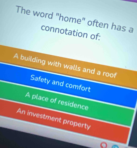 The word "home" often has a
connotation of:
A building with walls and a roof
Safety and comfort
A place of residence
An investment property