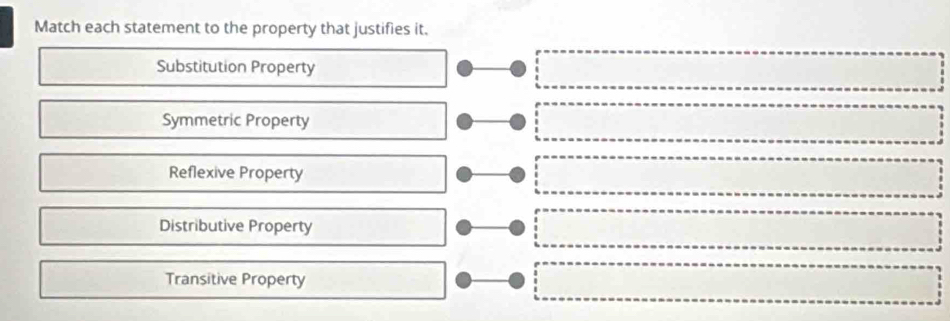 Match each statement to the property that justifies it.
Substitution Property
Symmetric Property
Reflexive Property
Distributive Property
Transitive Property