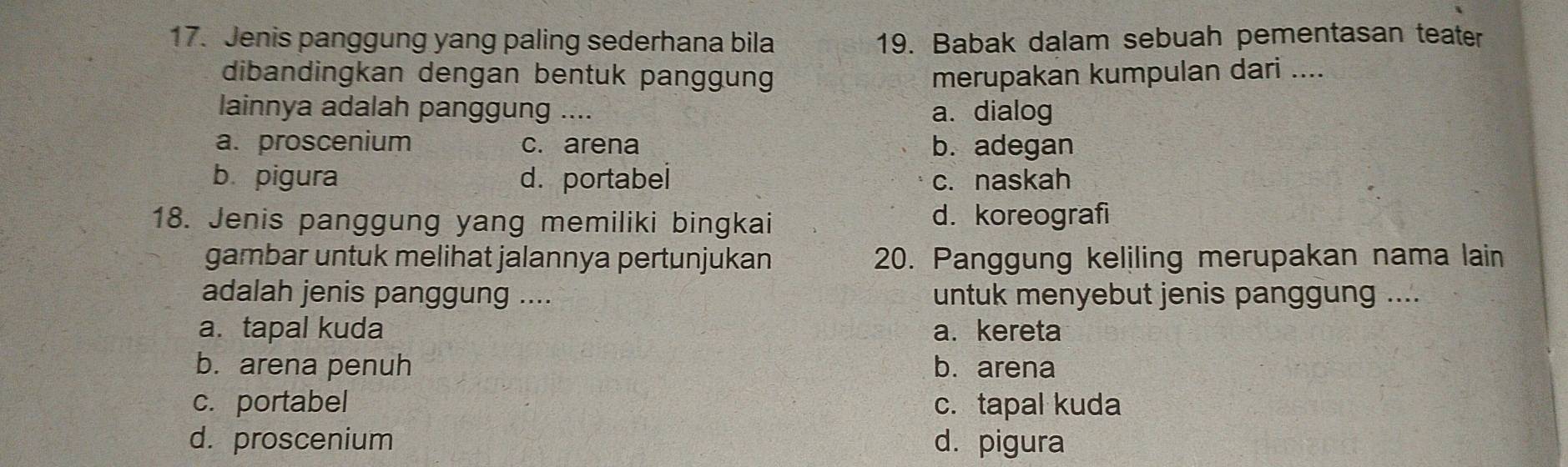 Jenis panggung yang paling sederhana bila 19. Babak dalam sebuah pementasan teater
dibandingkan dengan bentuk panggung merupakan kumpulan dari ....
lainnya adalah panggung .... a. dialog
a. proscenium c. arena b. adegan
b pigura d. portabei c. naskah
18. Jenis panggung yang memiliki bingkai d. koreografi
gambar untuk melihat jalannya pertunjukan 20. Panggung keliling merupakan nama lain
adalah jenis panggung .... untuk menyebut jenis panggung ....
a. tapal kuda a. kereta
b. arena penuh b. arena
c. portabel c. tapal kuda
d. proscenium d. pigura