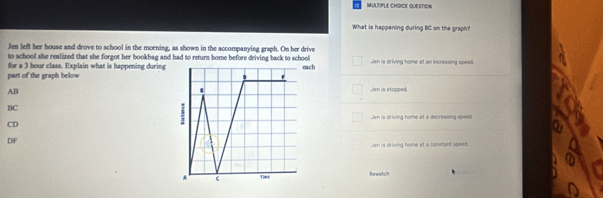 QUESTION
What is happening during BC on the graph?
Jen left her house and drove to school in the morning, as shown in the accompanying graph. On her drive
to school she realized that she forgot her bookbag and had to return home before driving back to school Jen is driving home at an increasing speed.
for a 3 hour class. Explain what is happening duringach
part of the graph below
AB
Jen is stopped.
BC
Jen is driving home at a decreasing speed.
CD
DF
Jen is driving home at a constant speed.
Rewatch