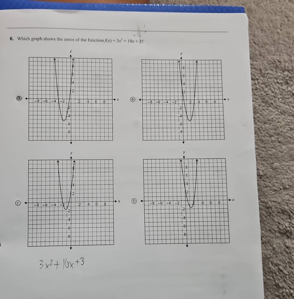 Which graph shows the zeros of the function f(x)=3x^2+10x+3 ? 
Ⓐ 
B 
C D