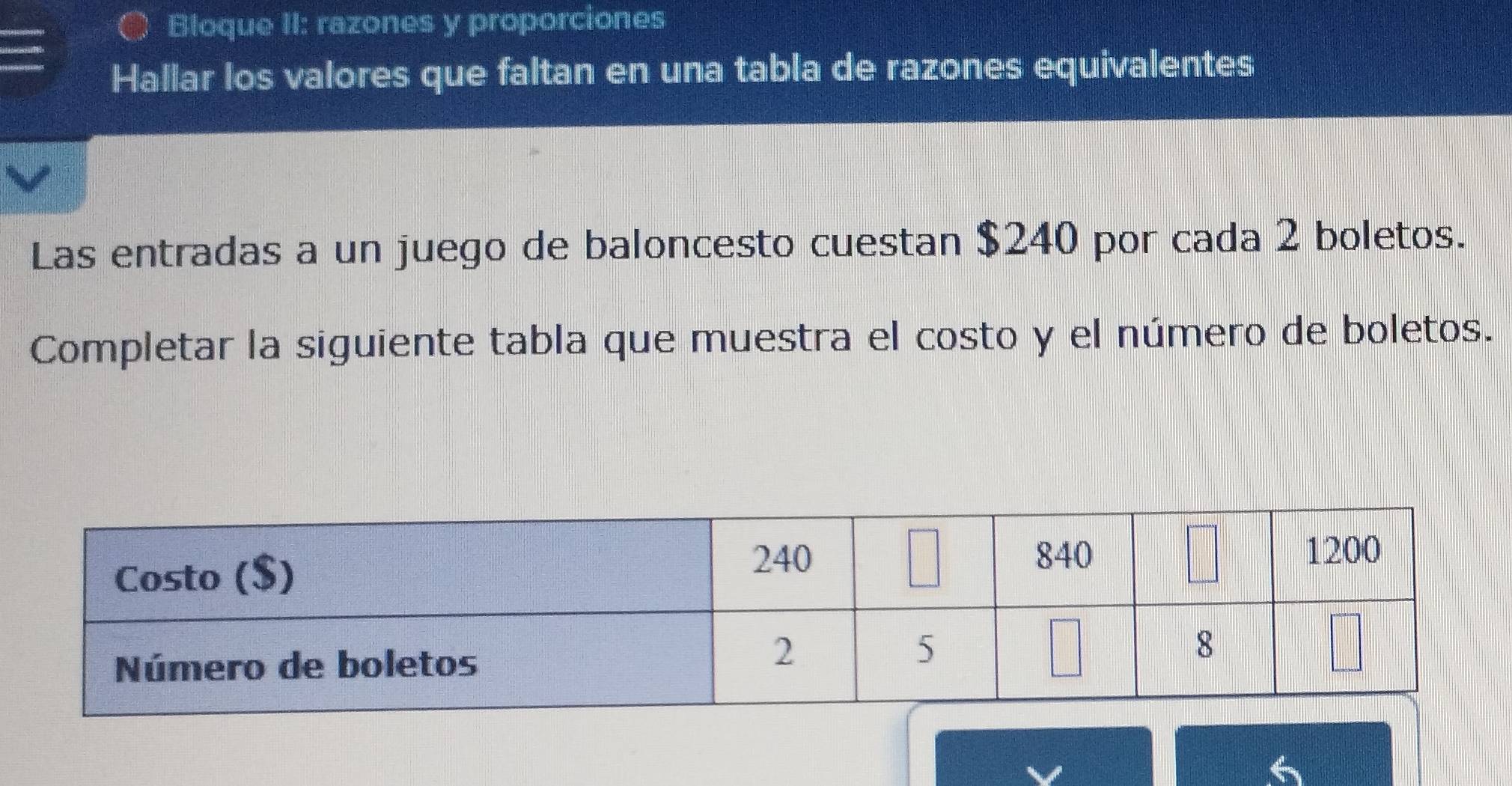 Bloque II: razones y proporciones
Hallar los valores que faltan en una tabla de razones equivalentes
Las entradas a un juego de baloncesto cuestan $240 por cada 2 boletos.
Completar la siguiente tabla que muestra el costo y el número de boletos.
6