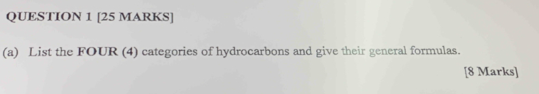 List the FOUR (4) categories of hydrocarbons and give their general formulas. 
[8 Marks]