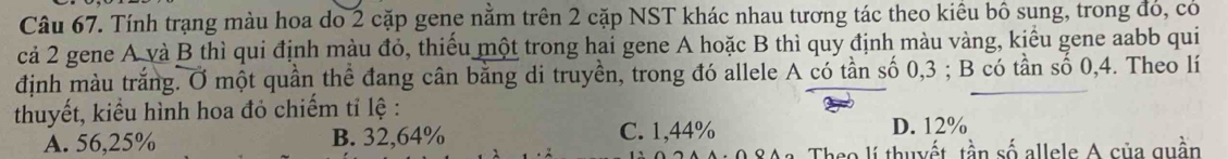 Tính trạng màu hoa do 2 cặp gene nằm trên 2 cặp NST khác nhau tương tác theo kiểu bô sung, trong đó, có
cả 2 gene A và B thì qui định màu đỏ, thiếu một trong hai gene A hoặc B thì quy định màu vàng, kiểu gene aabb qui
định màu trắng. Ở một quần thể đang cân bằng di truyền, trong đó allele A có tần số 0, 3; B có tần số 0, 4. Theo lí
thuyết, kiểu hình hoa đỏ chiếm tỉ lệ :
A. 56,25% B. 32,64% C. 1,44%
D. 12%
a Theo lí thuyết, tần số allels A sủa quần