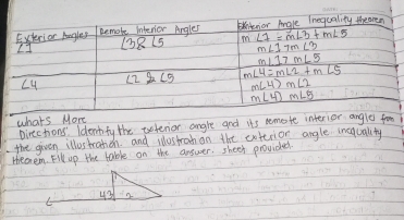 whats More
pirections! ldenify the totenor angle and its remote interior angle from
the given illustration. and wostrachion the coterior angle imequality
Heenem. Fll up the table on the answer. sheep provided.
43 in