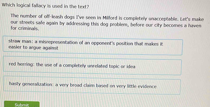 Solved: Which logical fallacy is used in the text? The number of off ...