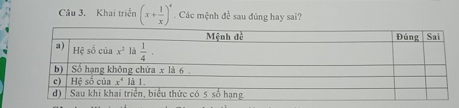 Khai triển (x+ 1/x )^4 Các mệnh đề sau đúng hay sai?