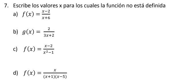 Escribe los valores x para los cuales la función no está definida
a) f(x)= (x-2)/x+6 
b) g(x)= 2/3x+2 
c) f(x)= (x-2)/x^2-1 
d) f(x)= x/(x+1)(x-5) 